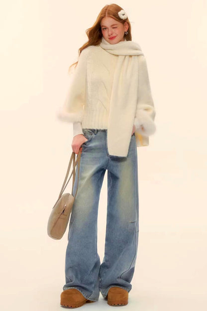 Washed Denim Curved Cut Pants