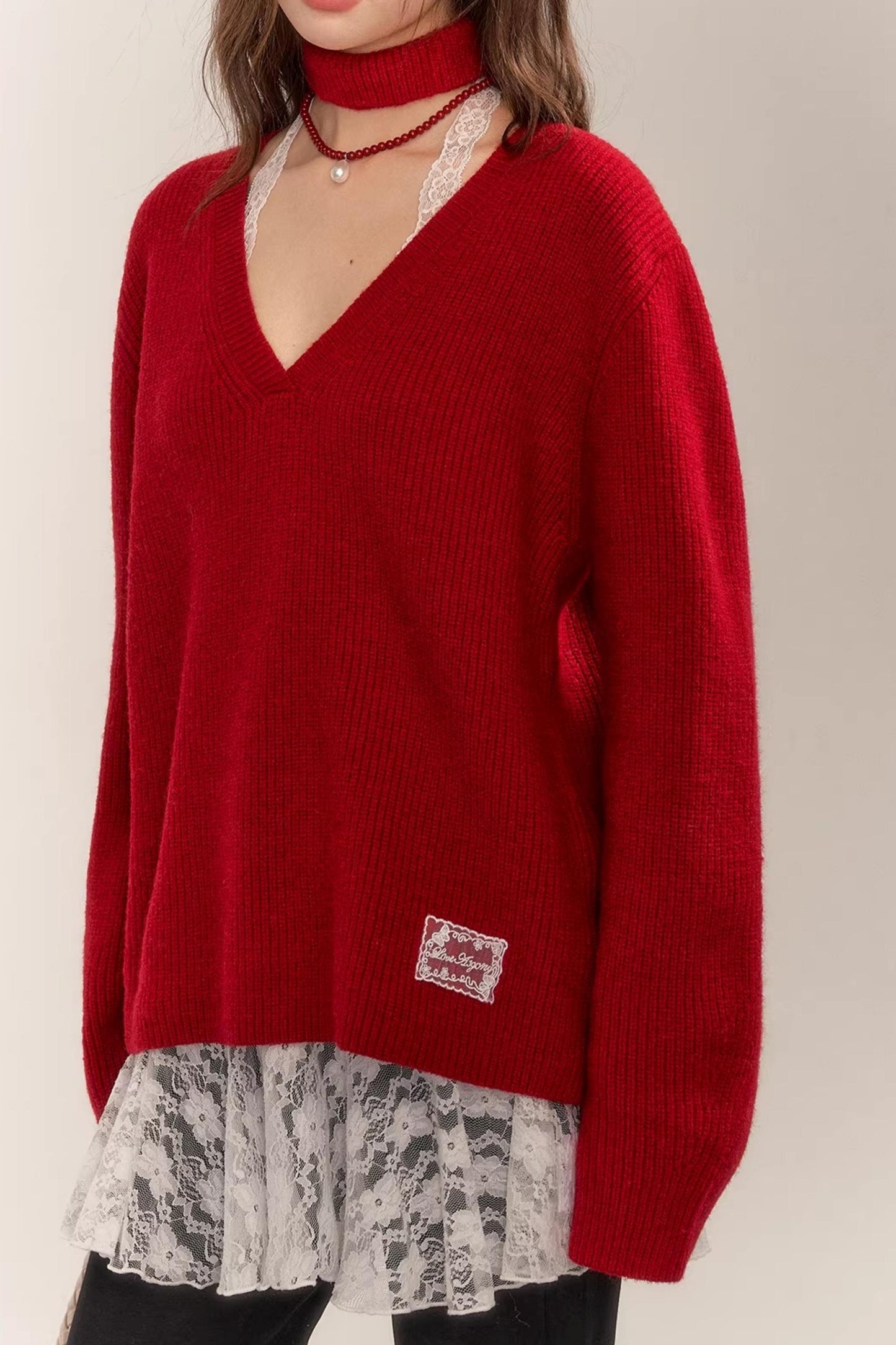 Asgony Red Retro Knit Sweater