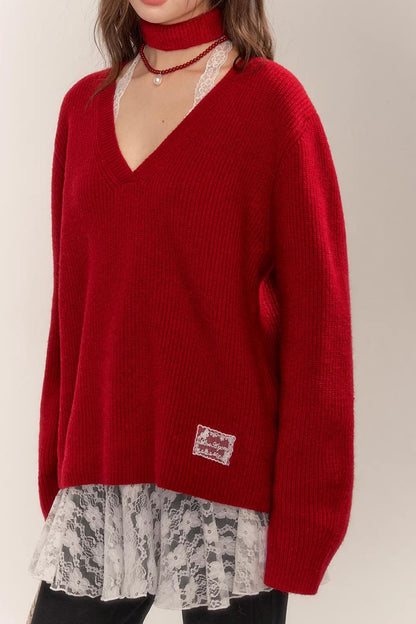 Asgony Red Retro Knit Sweater