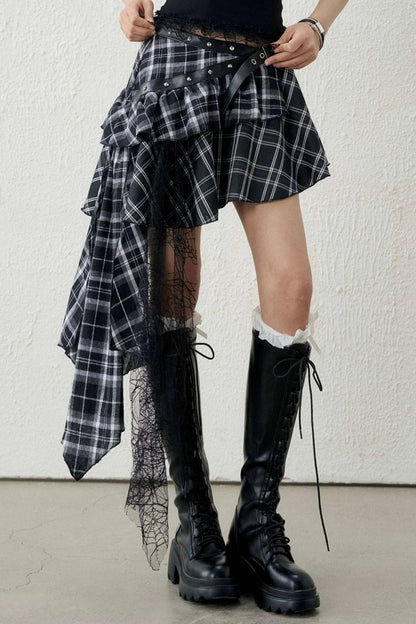 Irregular Hem Plaid Short Skirt