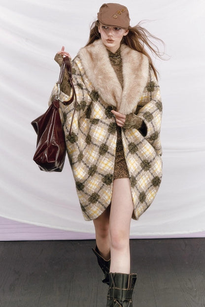 Plaid Fur Collar Woolen Coat