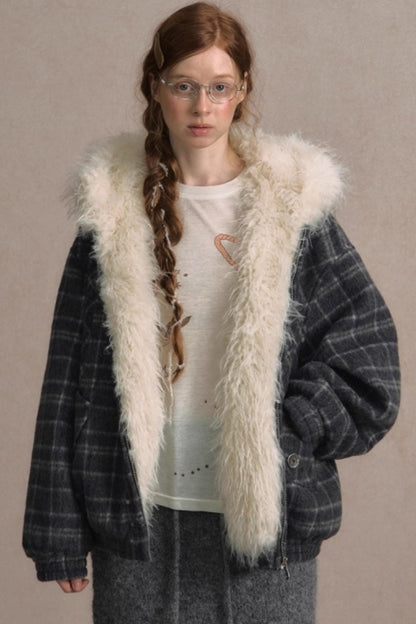 Elk Fur Collar Plaid Woolen Jacket