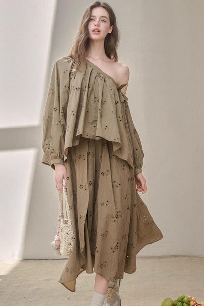 Embroidery Elegant Slanted Shoulder Skirt Set-Up