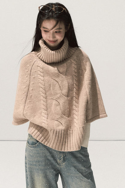 Wool Twist Knit Cape Sweater Top Skirt Set-Up