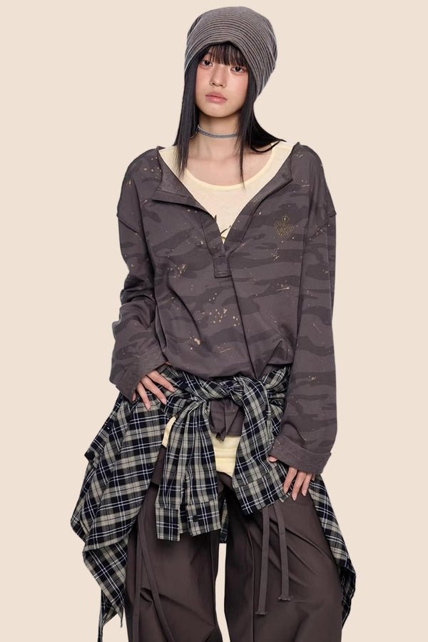 Retro Camouflage V-Neck Blouse