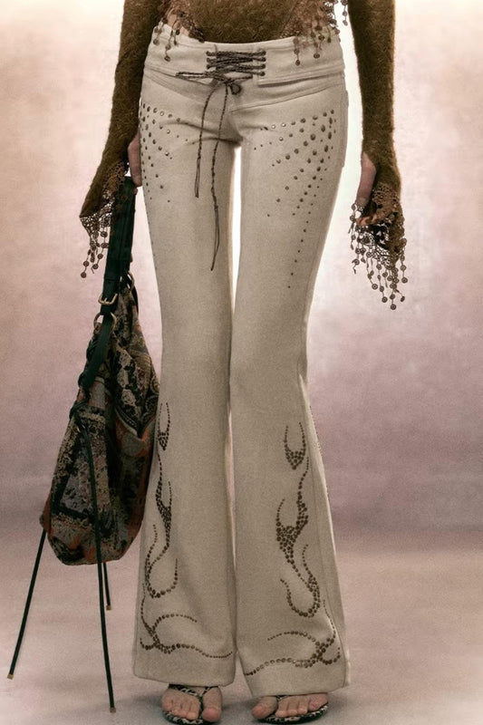 Retro Rhinestone Flared Pants