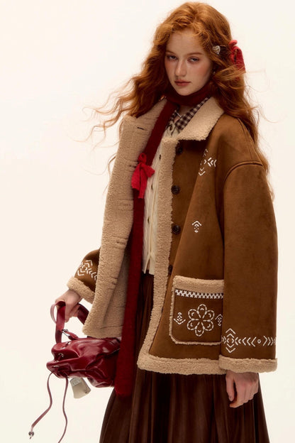 Embroidered Shearling Wool Jacket Set-Up