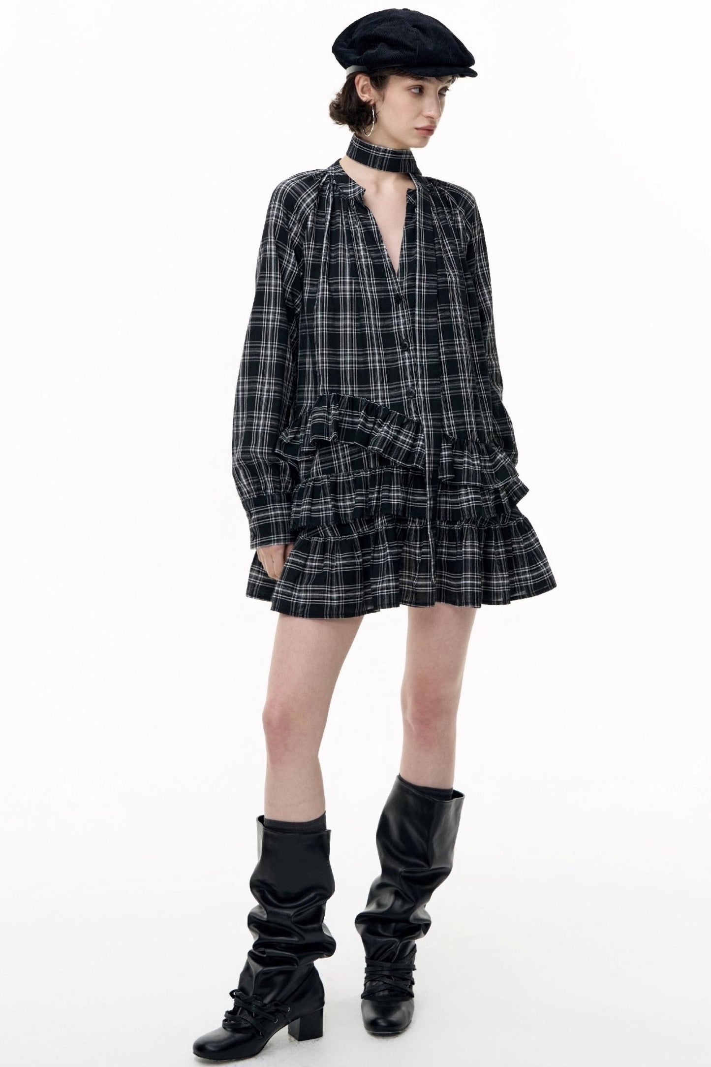 Plaid Ruffle Long Sleeve Shirt Dress