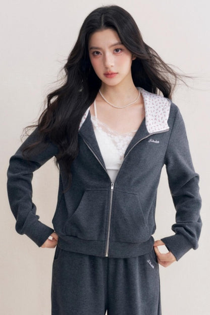 Rose Print Patchwork Hooded Jacket Set-Up