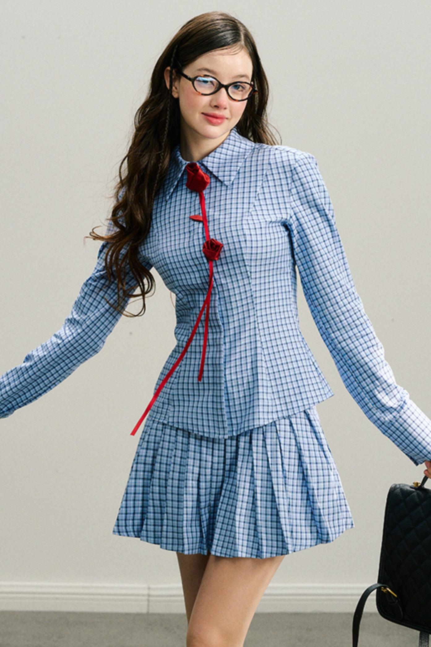 Red Rose Plaid Pleated Skirt Set-Up