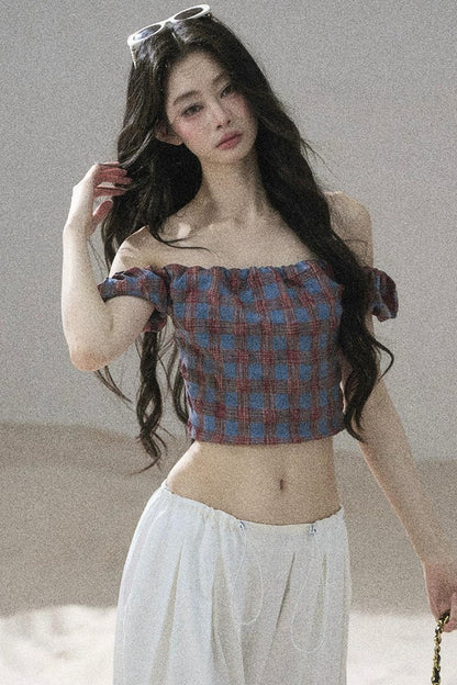 Youthful Plaid Off-Shoulder Top