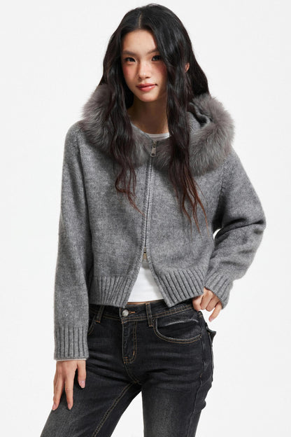 Knitted Sweater Jacket with Fur Collar