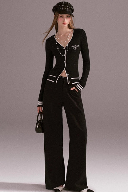 Hot Girl Contrast Knit Cardigan Suit Set-Up