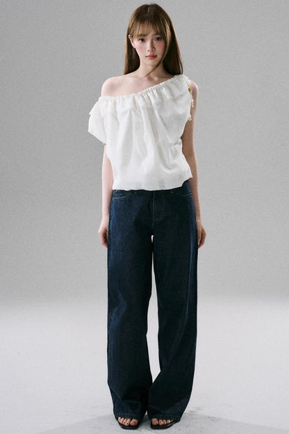 Beaded One-Shoulder Linen Top