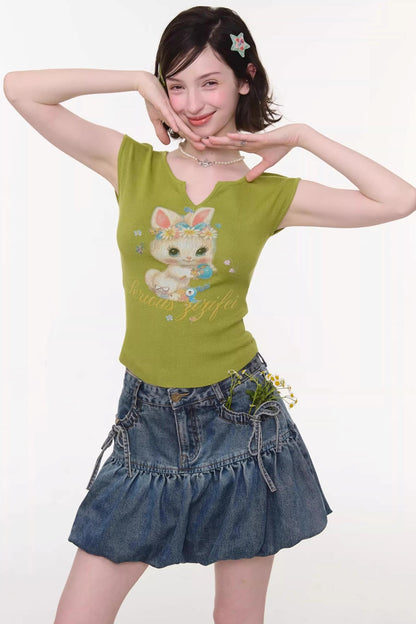 Green Rabbit Print Top