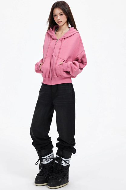 Cropped Hooded Cardigan Zip Jacket