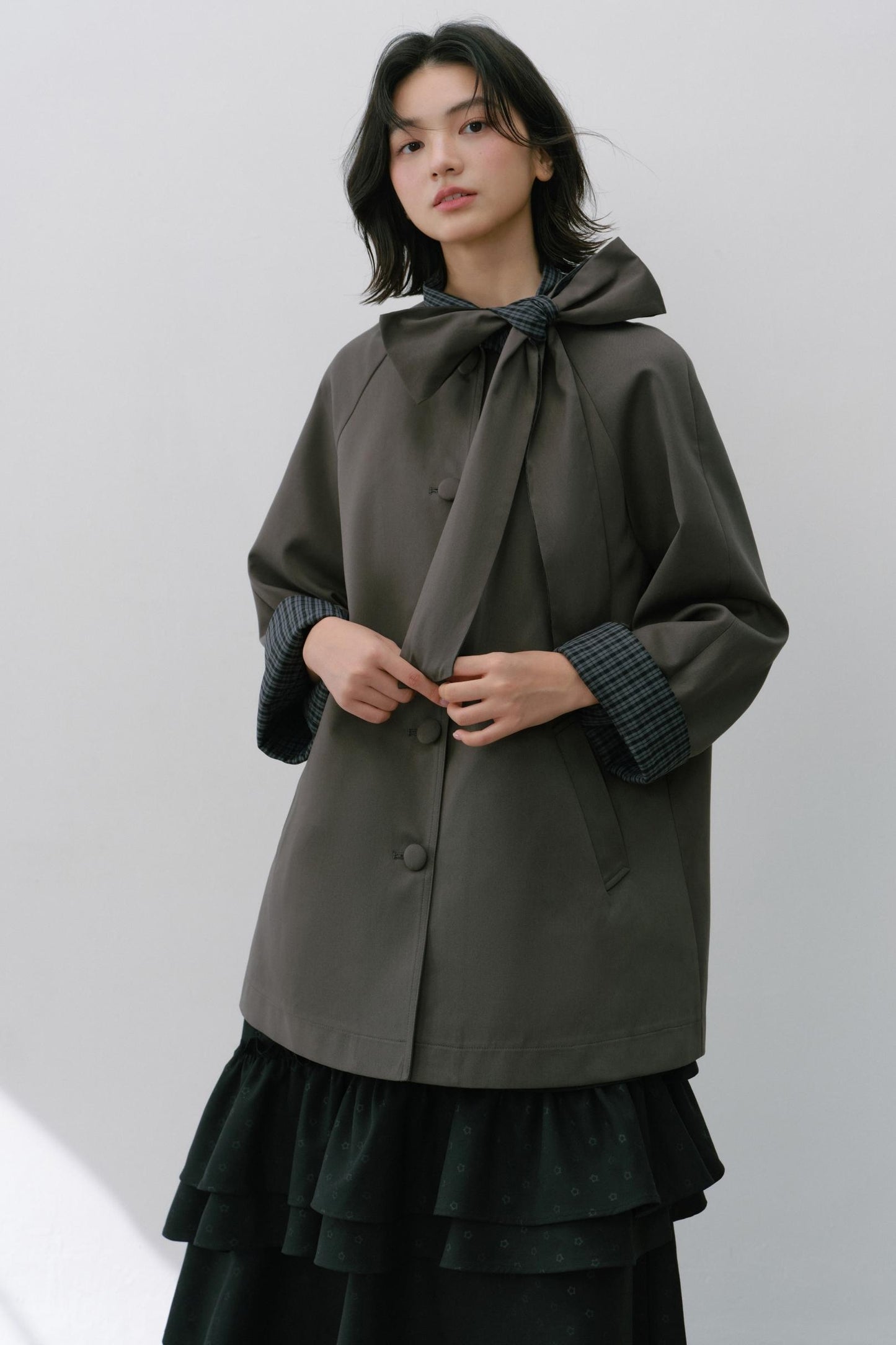 Pink Grey Check Bow Trench Coat