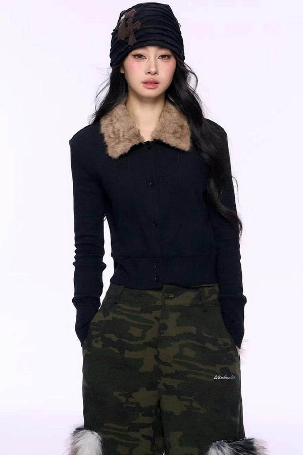 Black Fur Collar Knitted Top