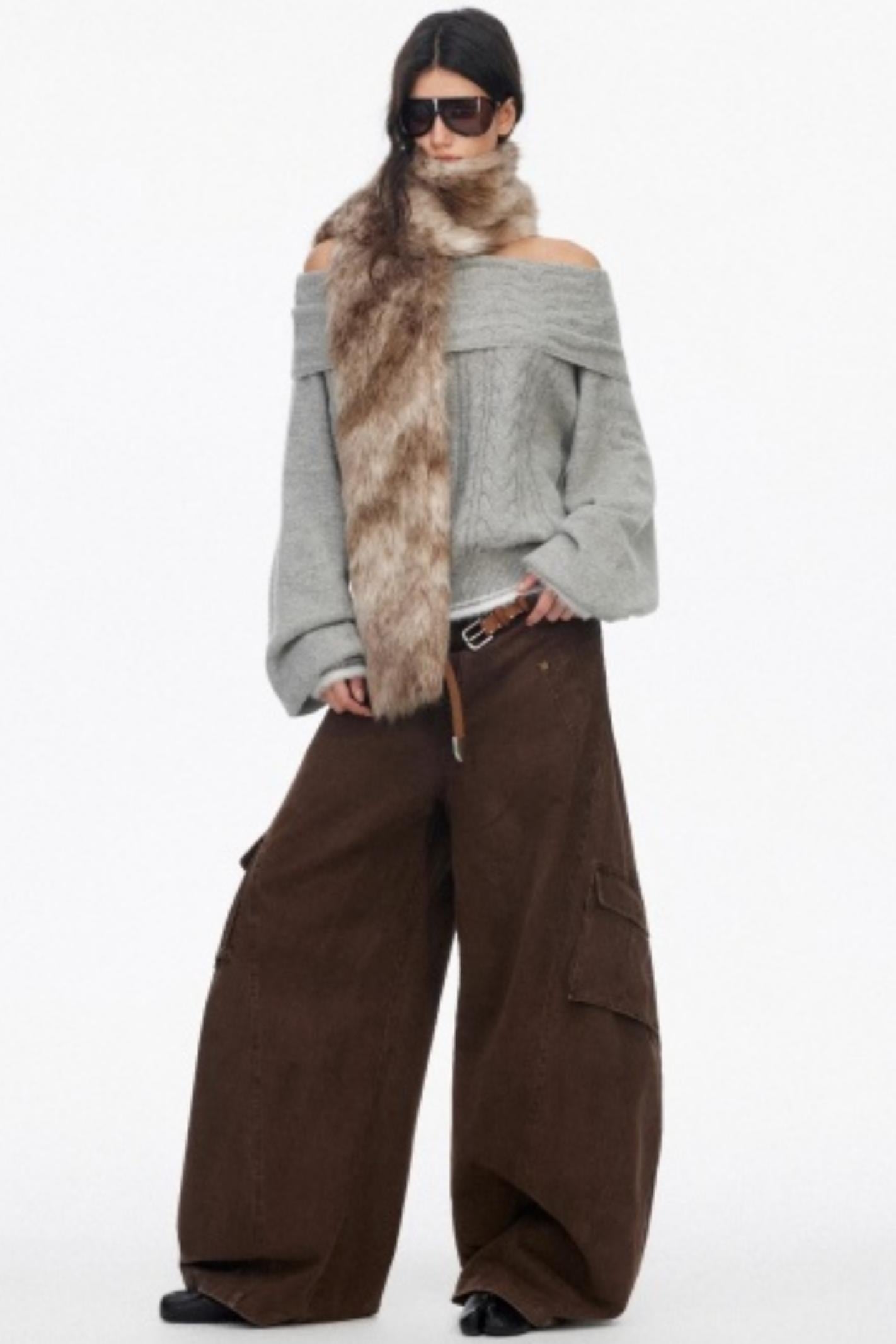 Distressed Washed Wide-Leg Scimitar Pants