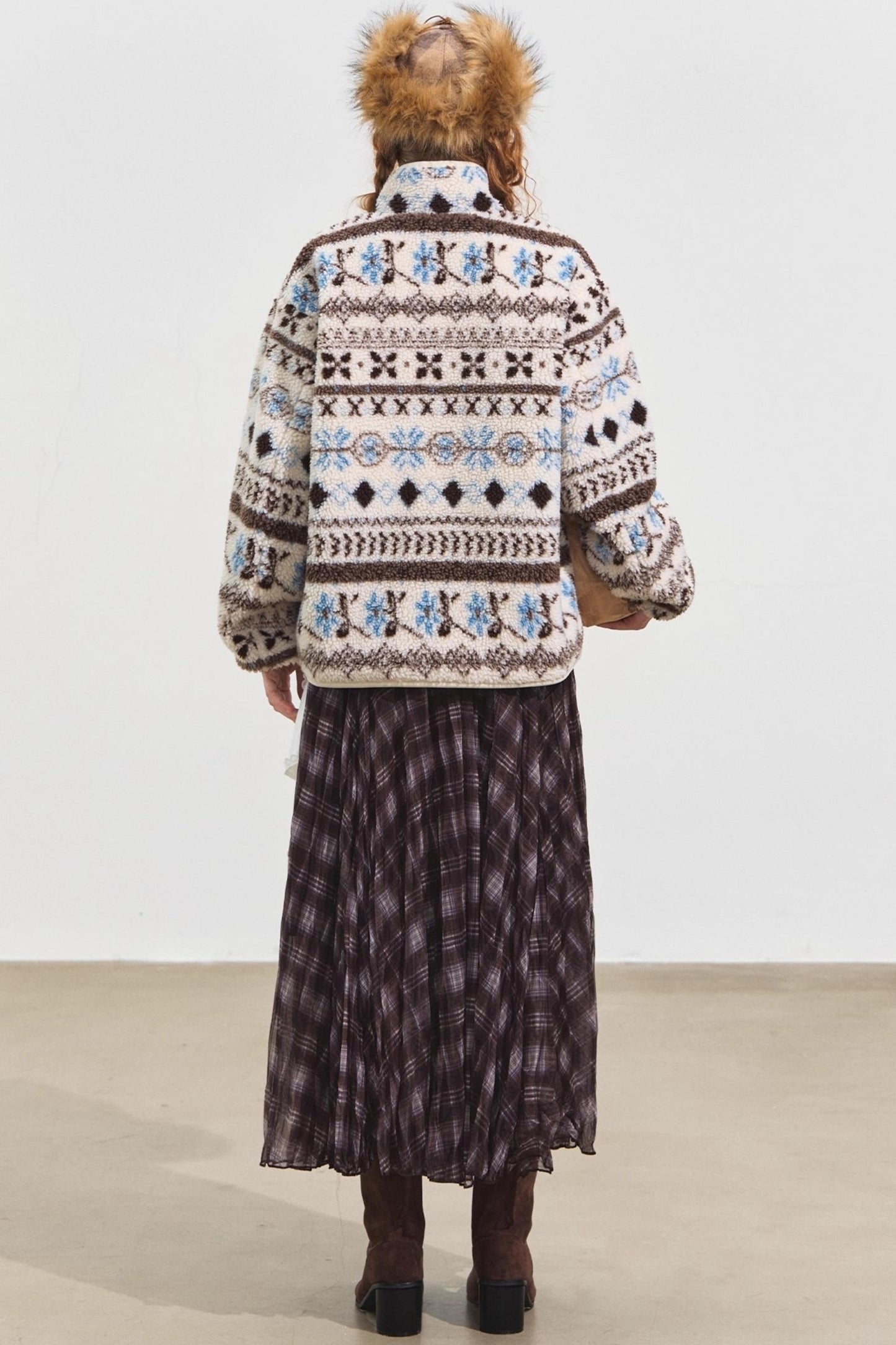 Fleece Jacquard Stand-Up Collar Coat