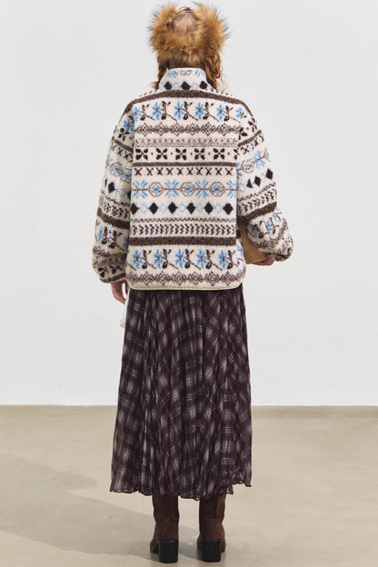 Fleece Jacquard Stand-Up Collar Coat