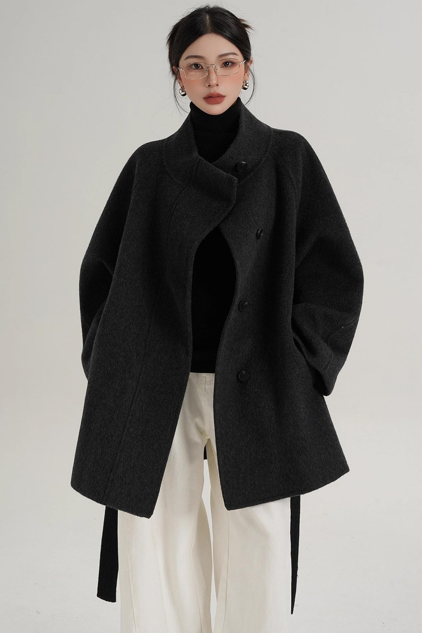 Elegant Woolen Lace-Up Coat