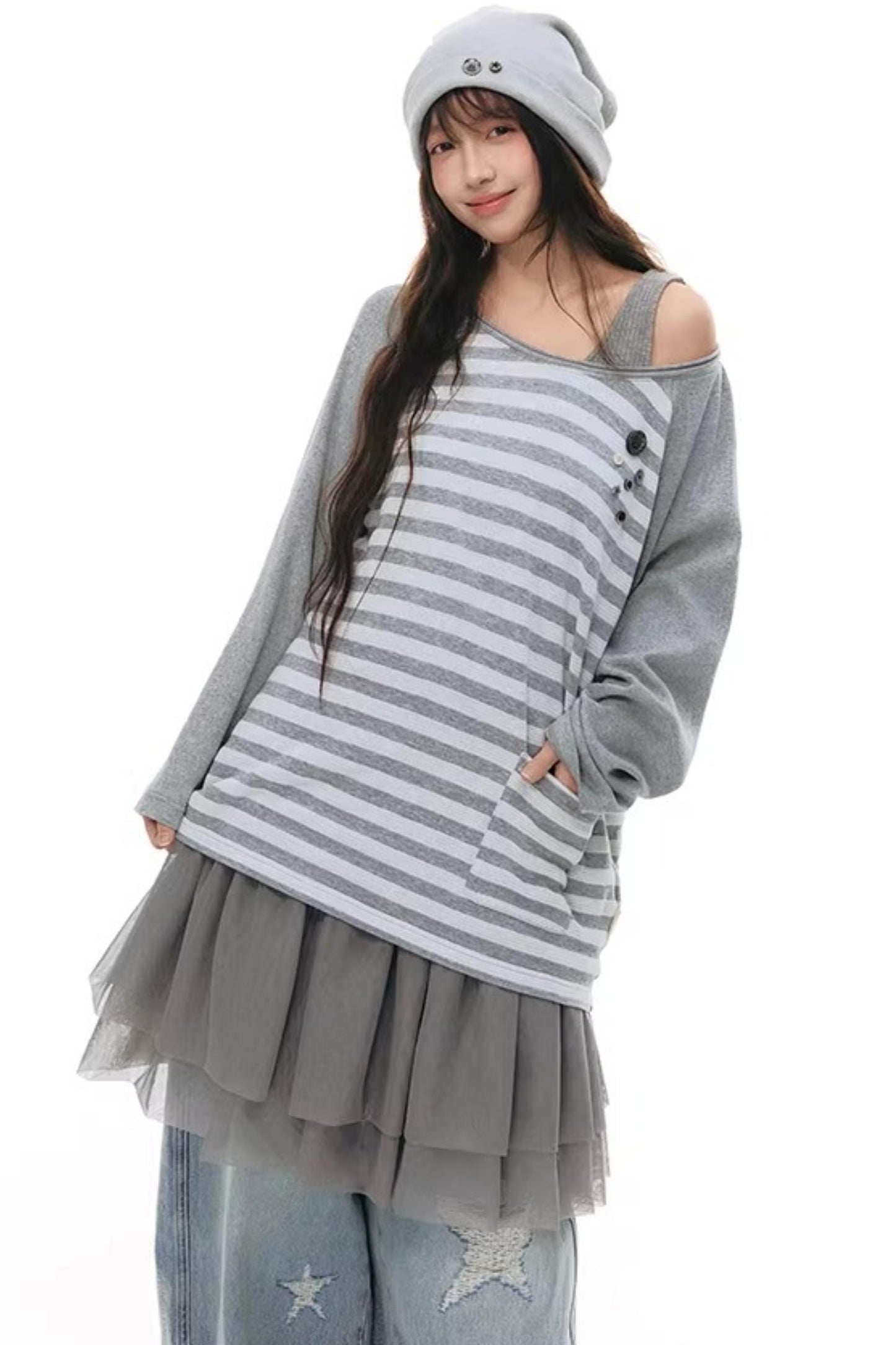 Button Striped Off-Shoulder Top