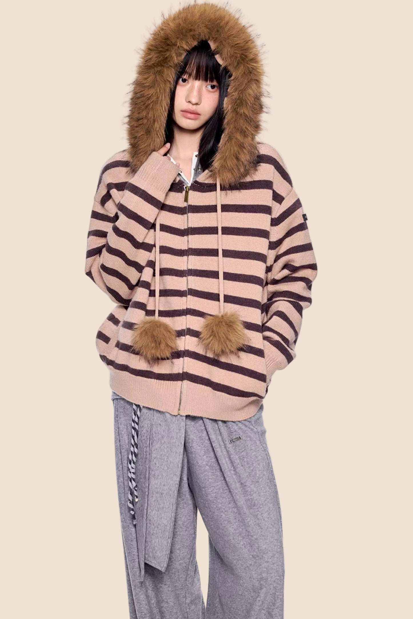 Fur Collar Striped Knit Cardigan