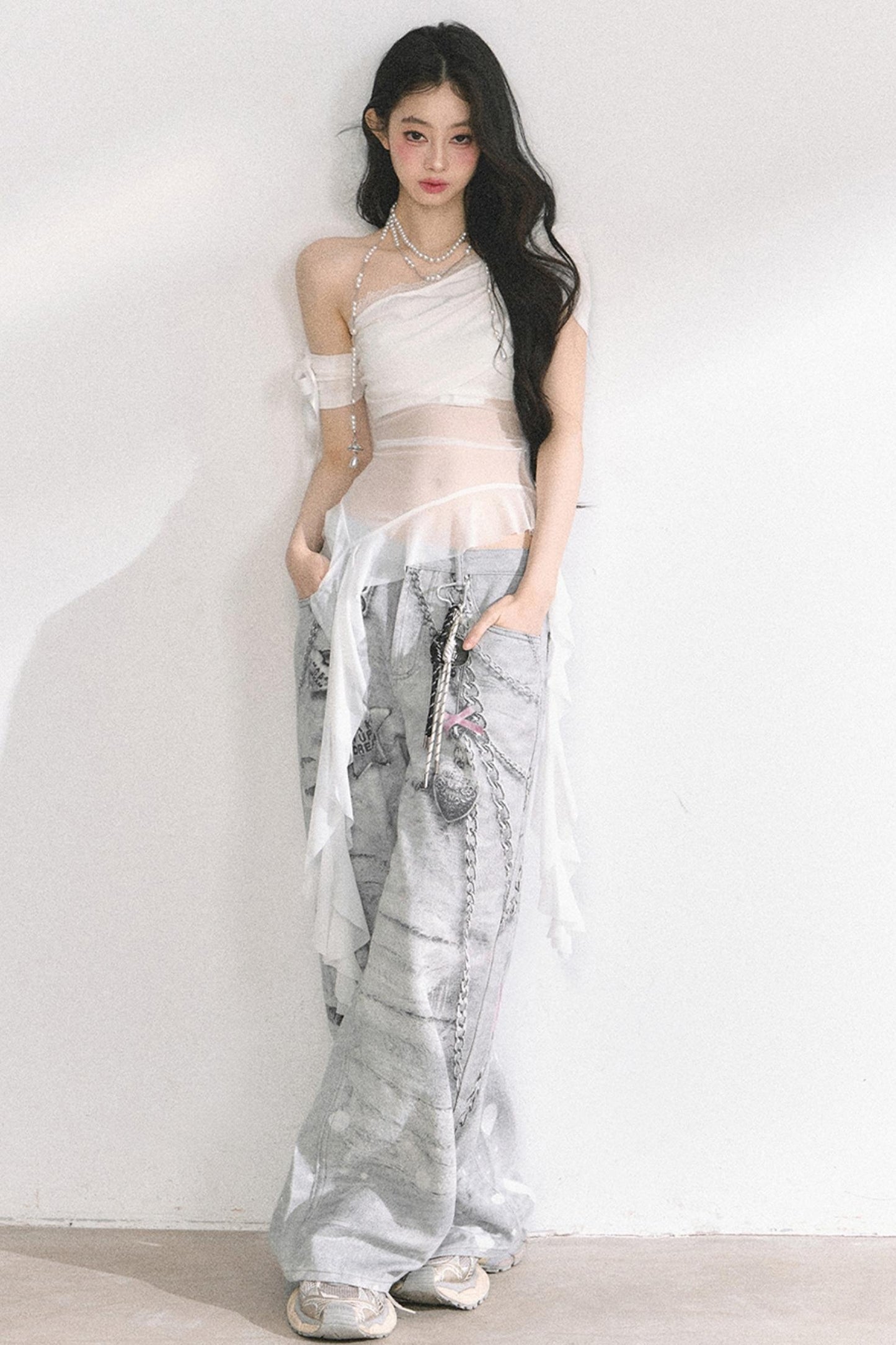 Sheer Mesh Off Shoulder T-Shirt