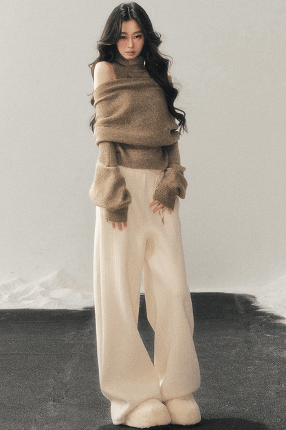 High-Neck Off-Shoulder Knit Sweater Set