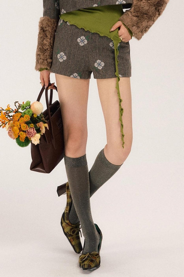 Retro Embroidery Tweed Fur Shorts Set-Up