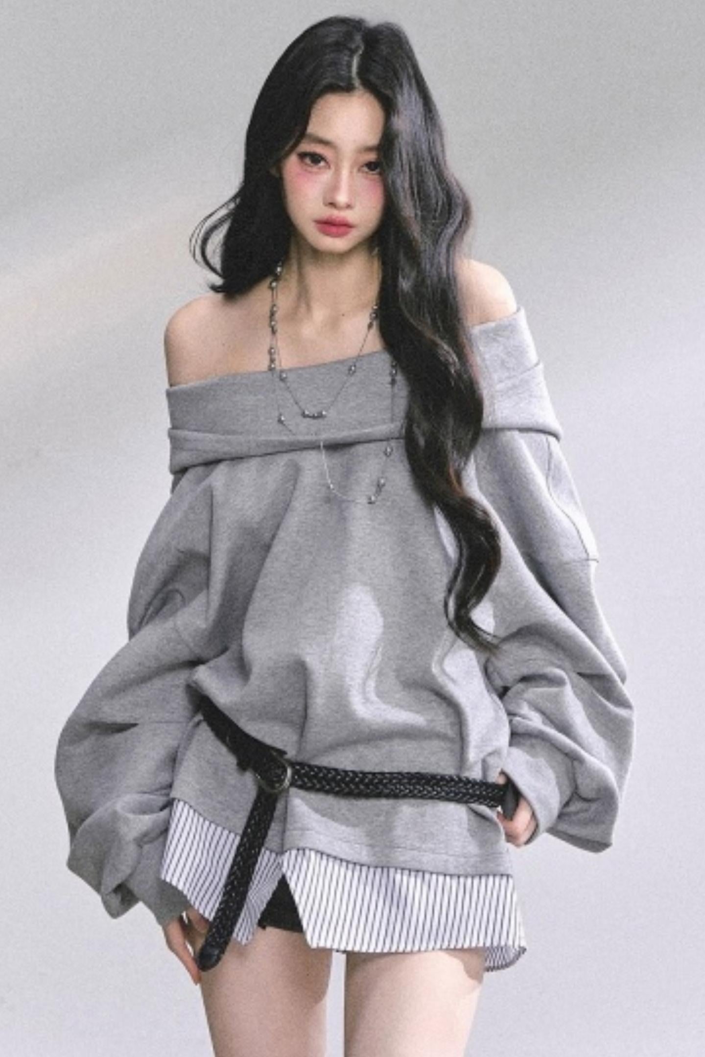 One Shoulder Grayscale Sweatshirt Dress