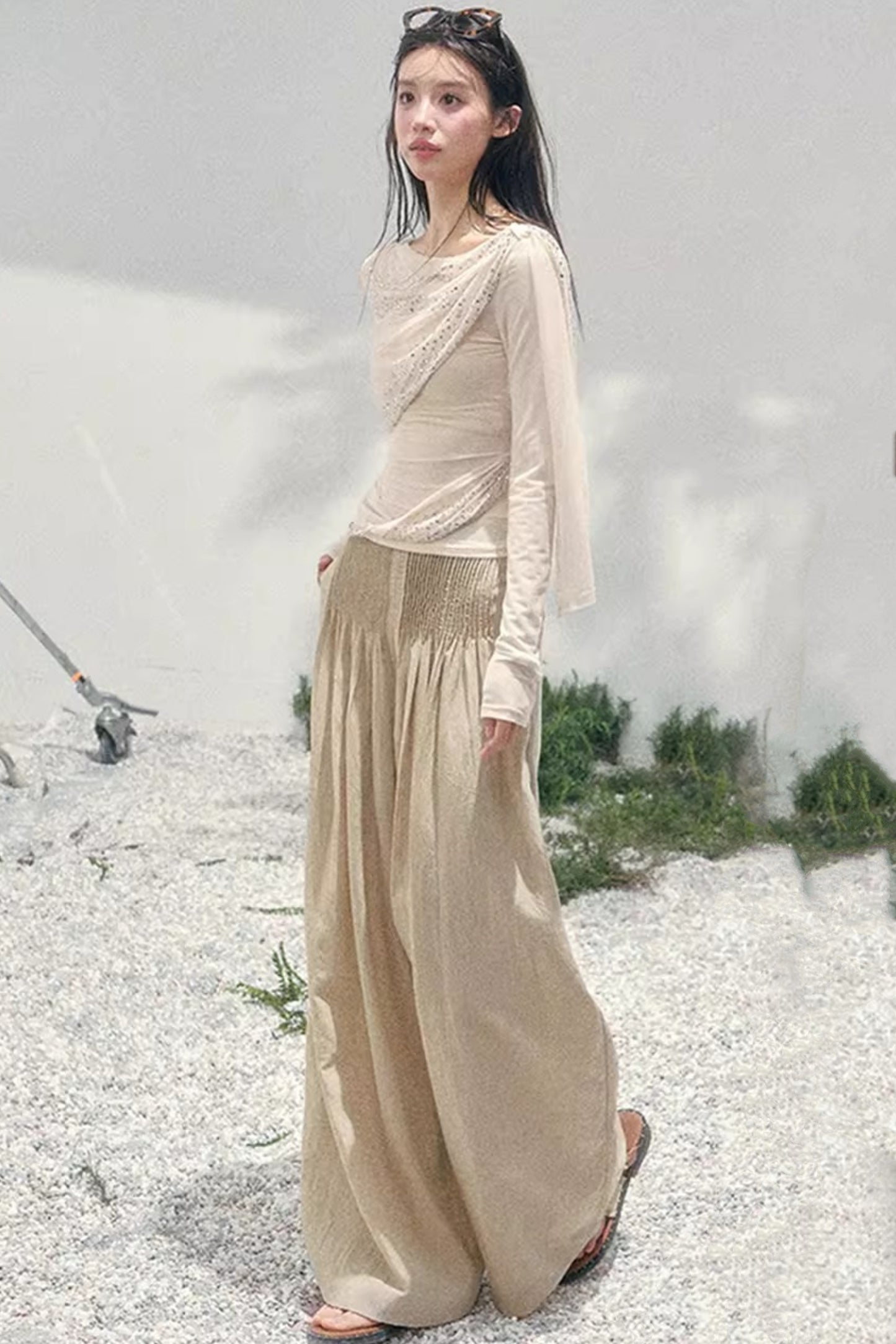 Sheer Rhinestone Slim-Fit Top Set