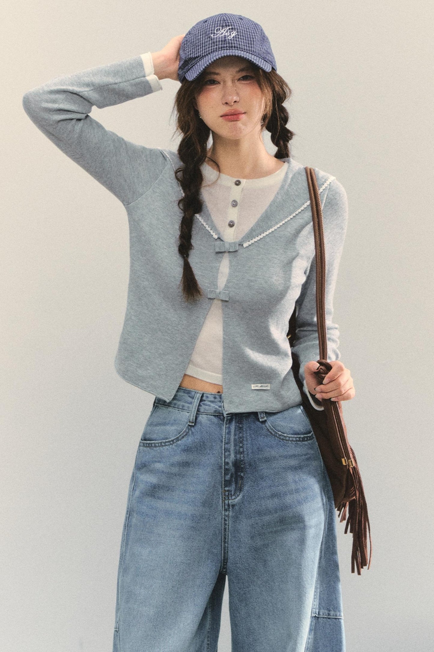 Sweet Navy Neck Knit Cardigan