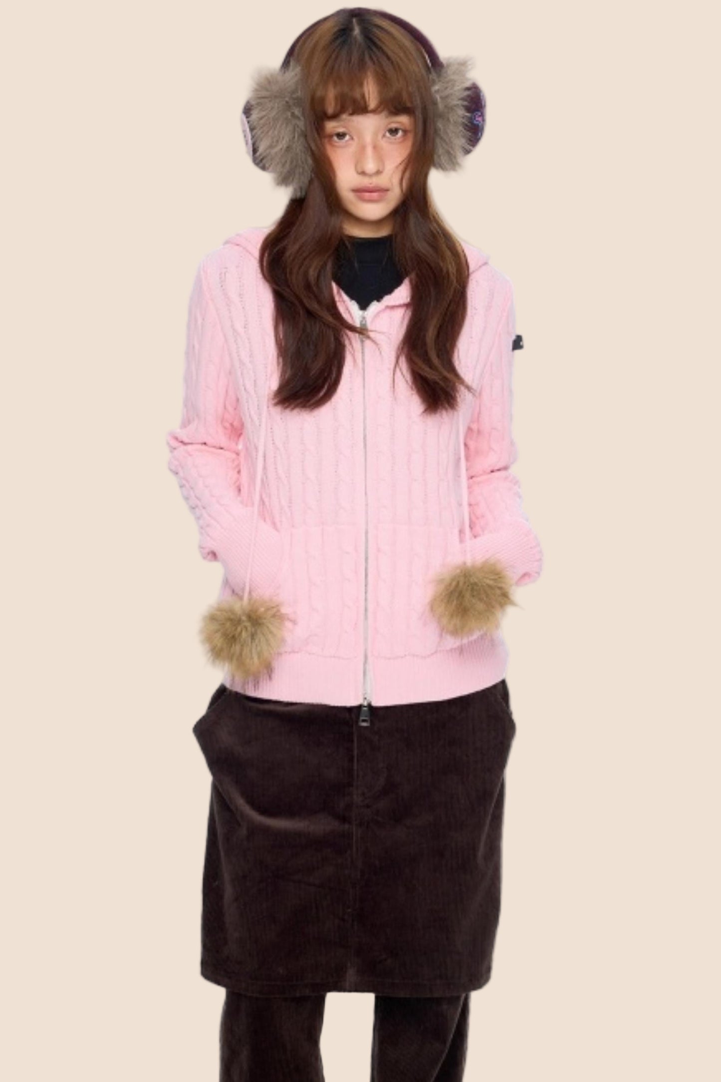 Furball Twisted Knit Hooded Cardigan
