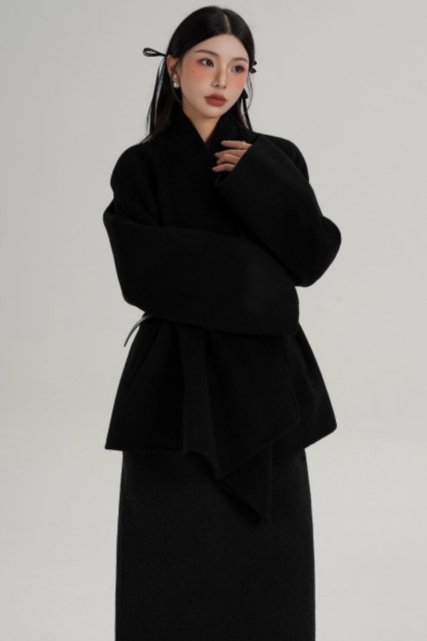 Elegant Lace-Up Woolen Coat