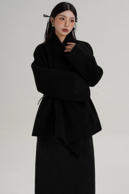 Elegant Lace-Up Woolen Coat