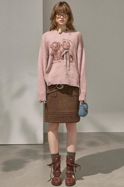 Kiss Bear Print Long Sleeve Sweater