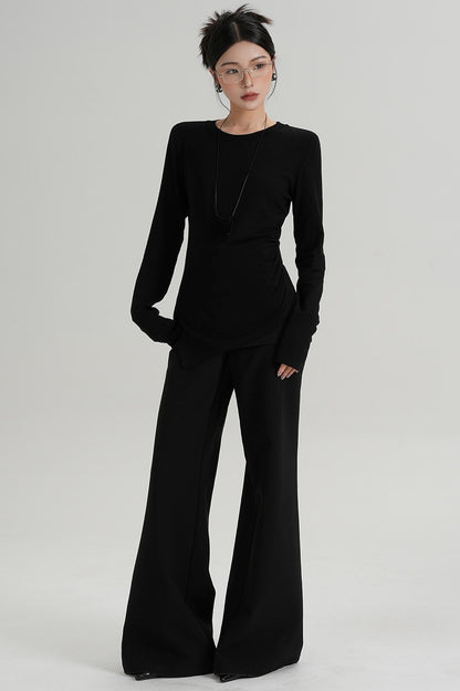 Shoulder Pads Hem Slit Long Sleeve T-shirt