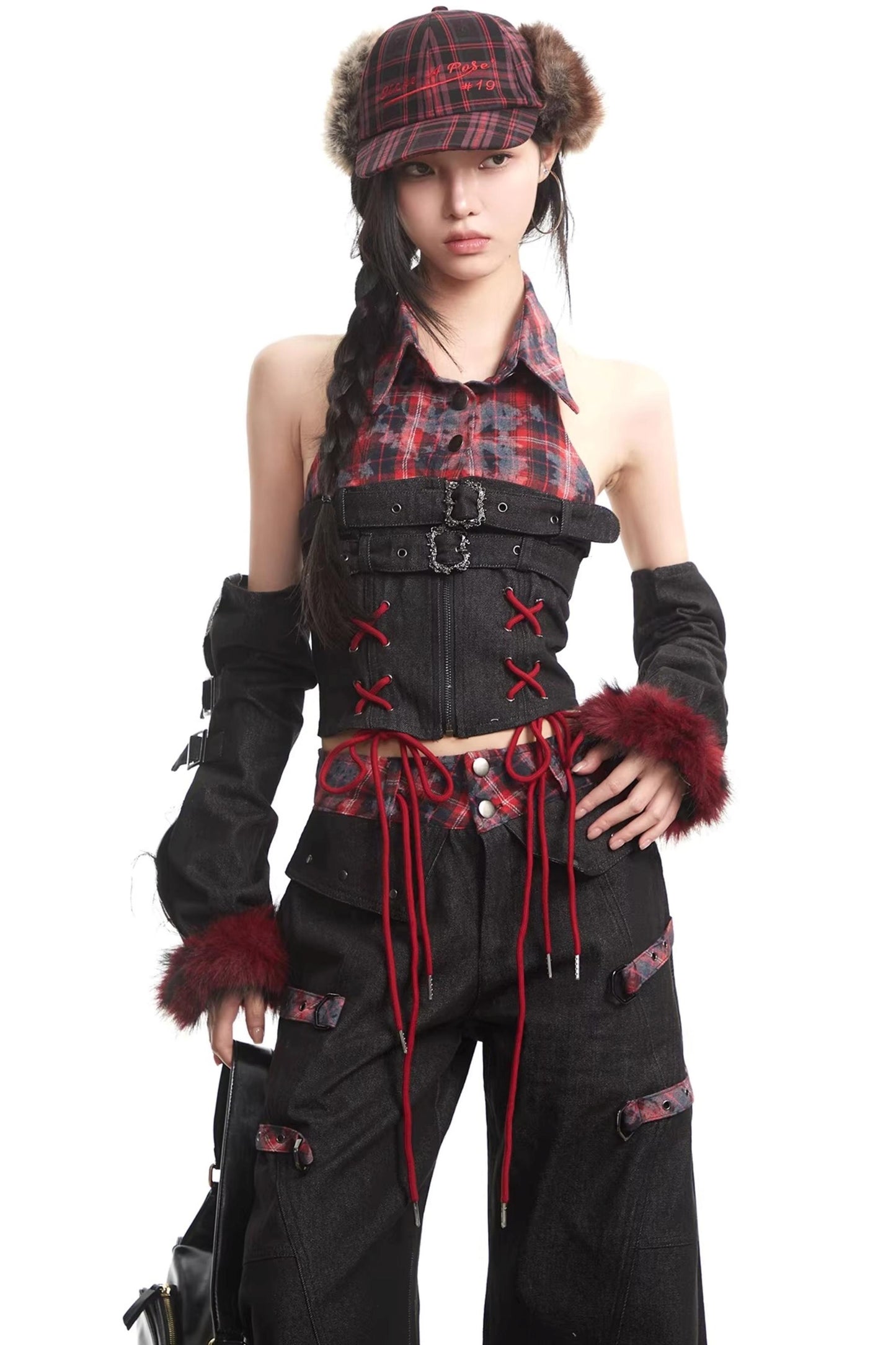 Plaid Patchwork Denim Set-Up