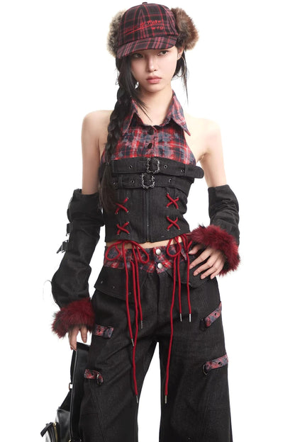 Plaid Patchwork Denim Set-Up