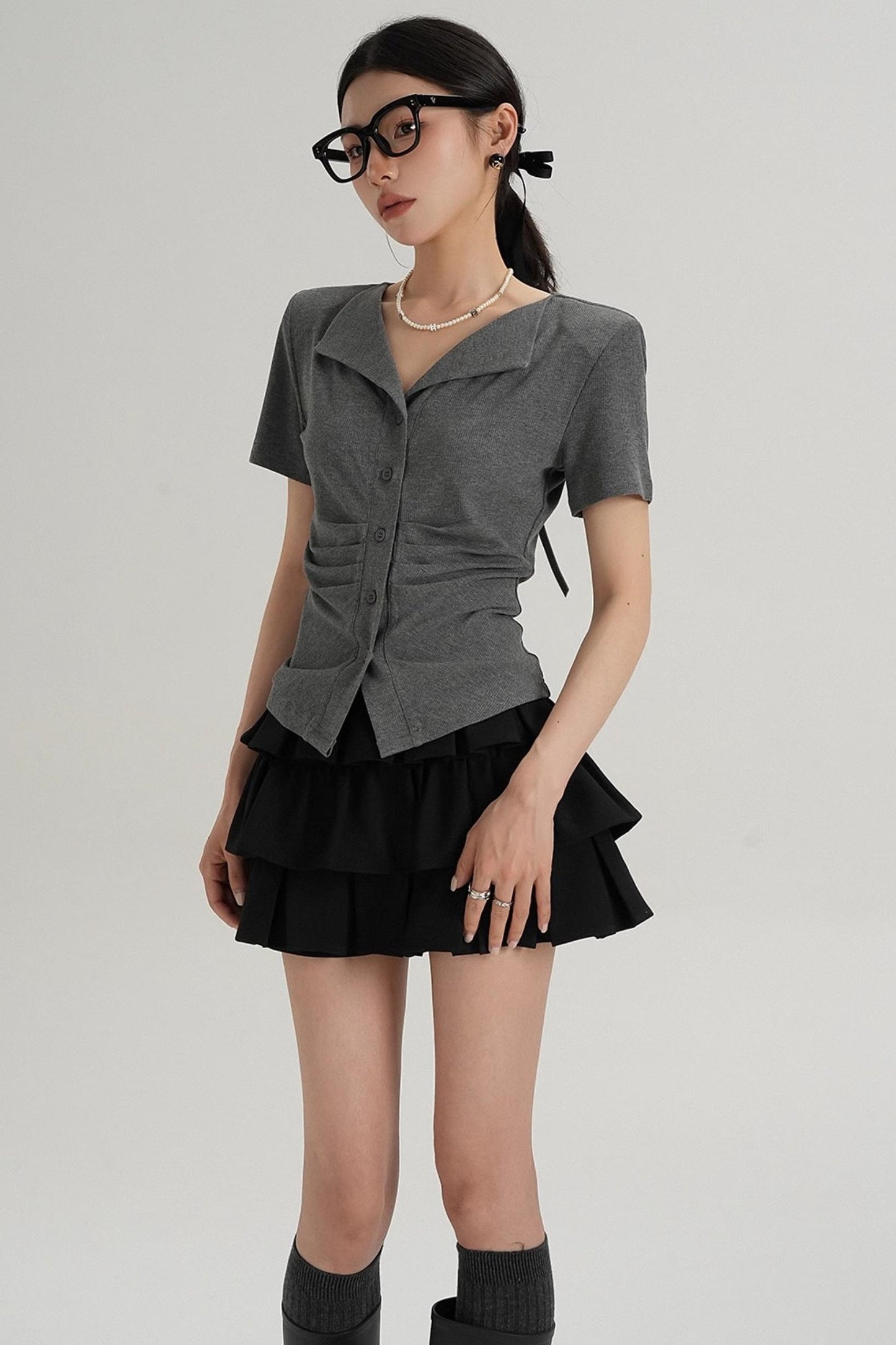 Pleated V-Neck Blouse