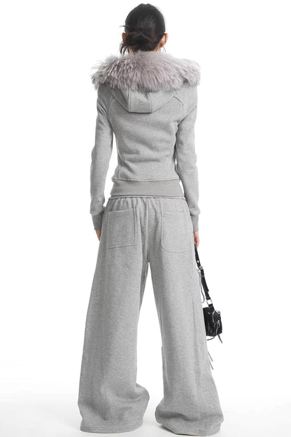 Korean Fur Collar Hooded Jacket Set-Up