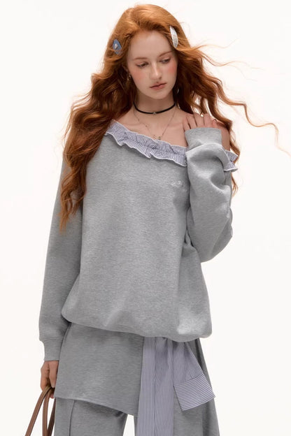 Asymmetrical Striped Ruffle Sweatshirt