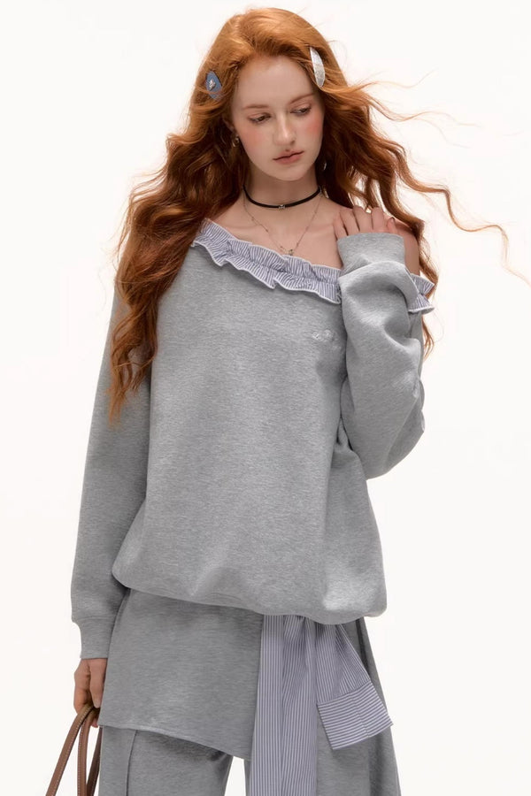 Asymmetrical Striped Ruffle Sweatshirt