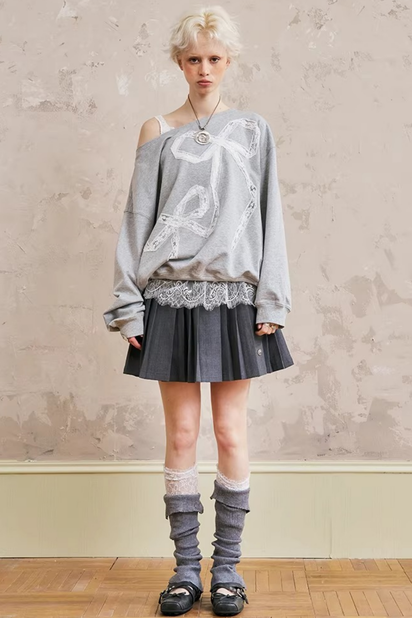 Lace-Up Turn-Down Collar Sweater Matching Set