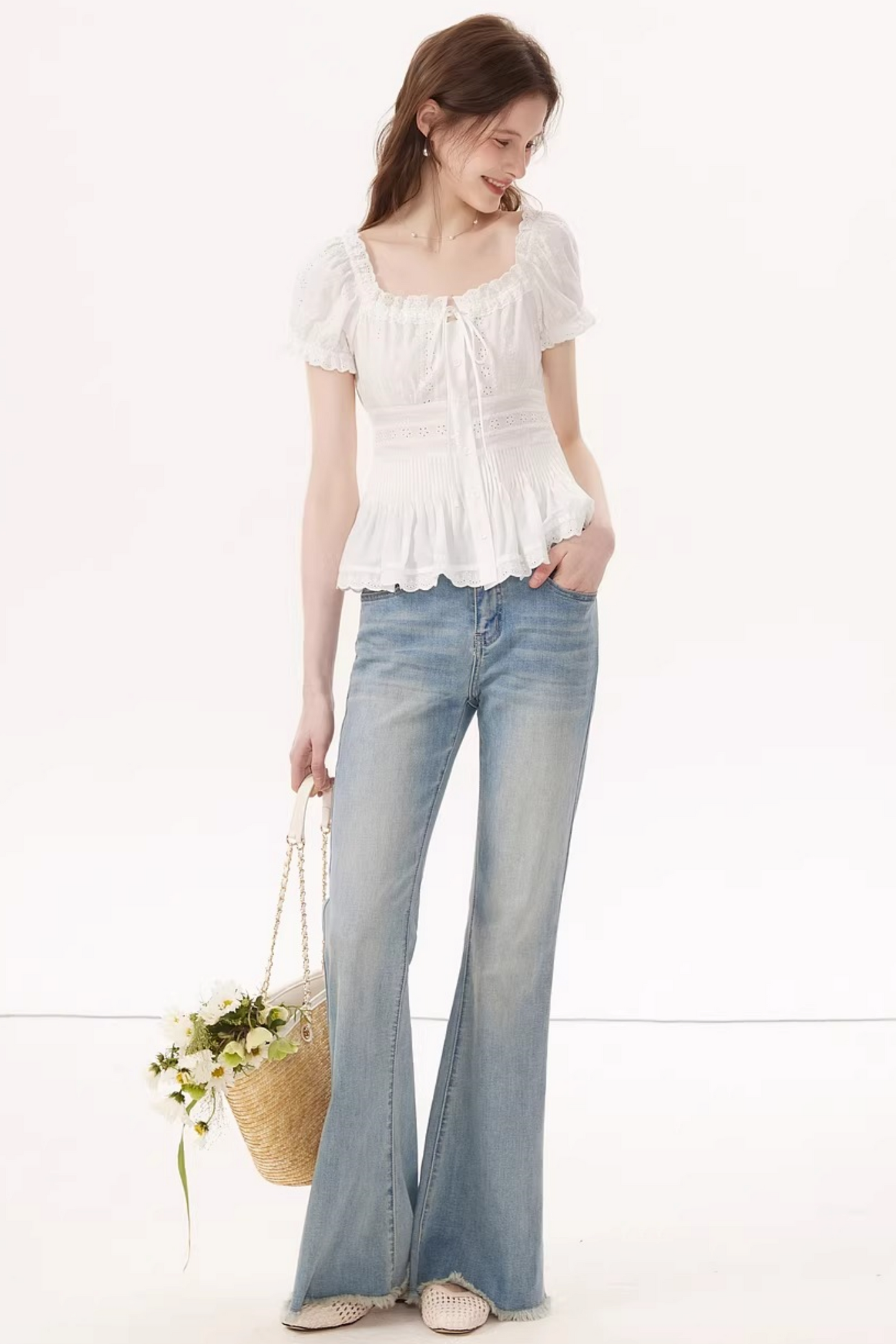 White Ruched Square-Neck Blouse