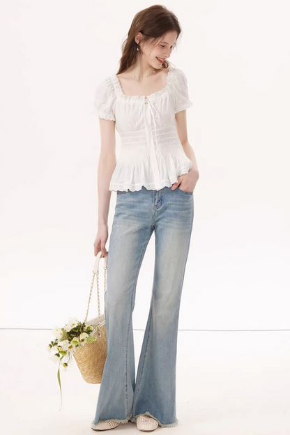 White Ruched Square-Neck Blouse