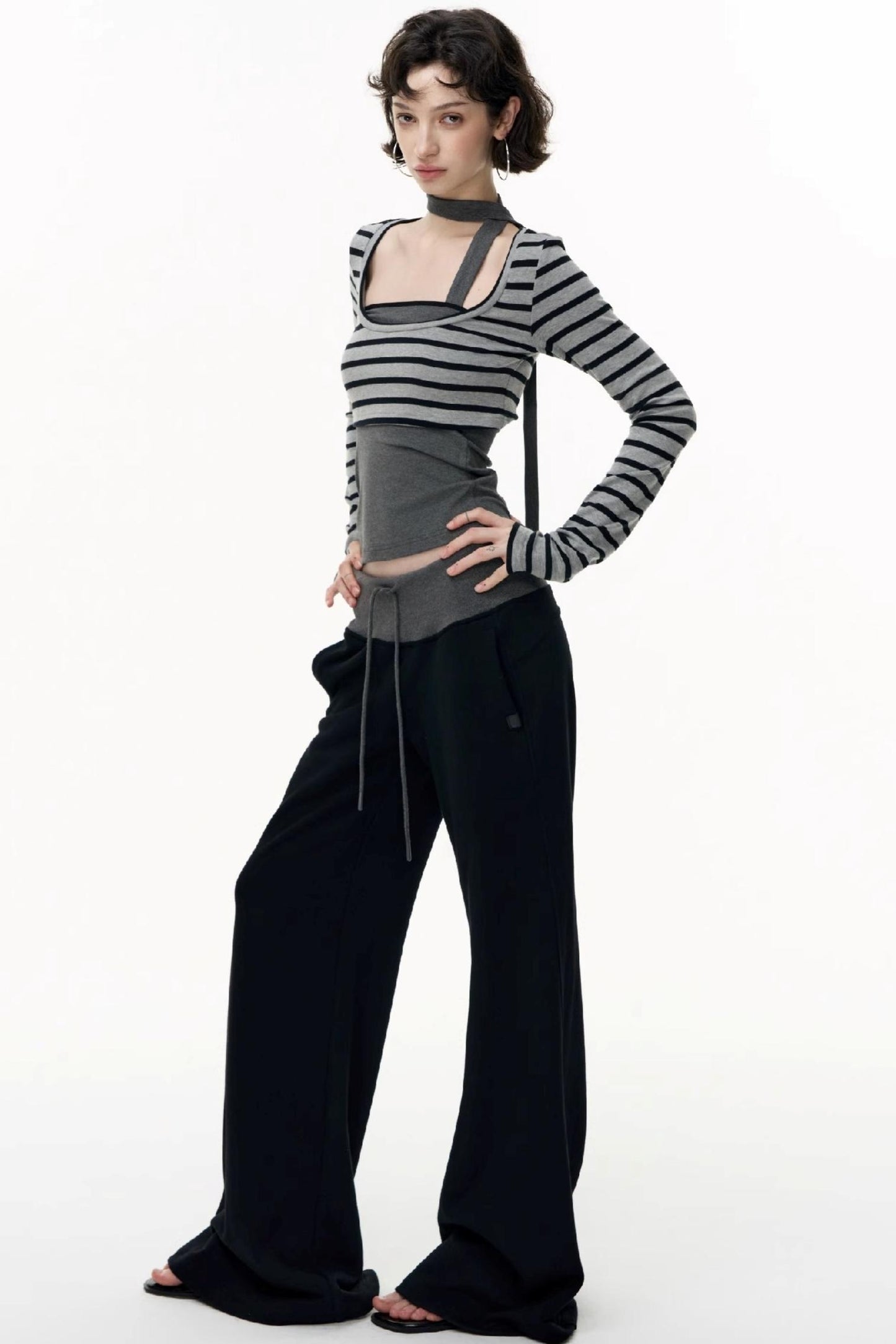 Drawstring Cotton Flared Sweatshirt Slacks