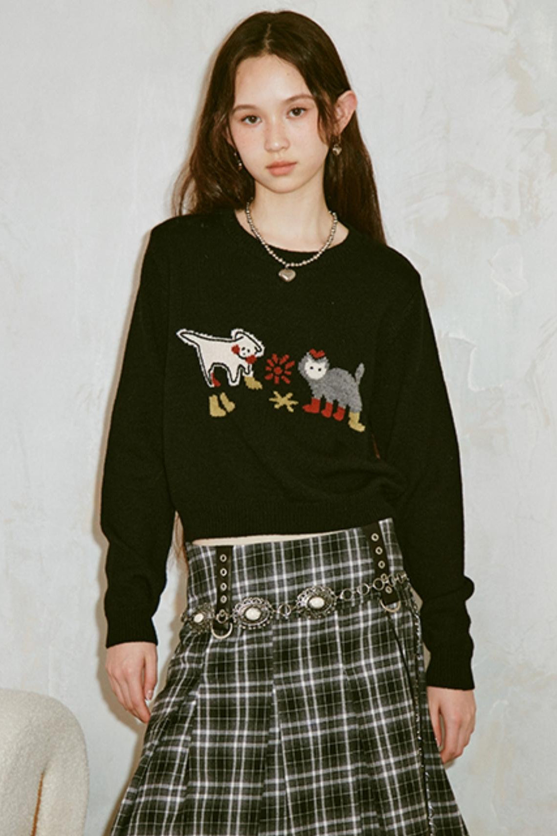 Kitten Puppy Embroidered Wool Blend Top